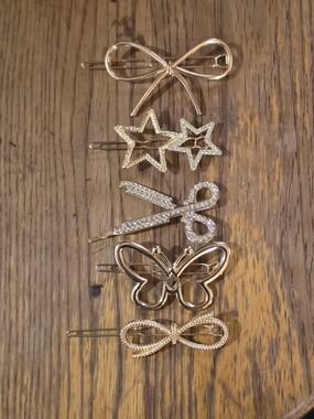 Gold Decorative Hair Clip Set - Bow, Stars, Scissors, Butterfly, Rope Bow BNIB
